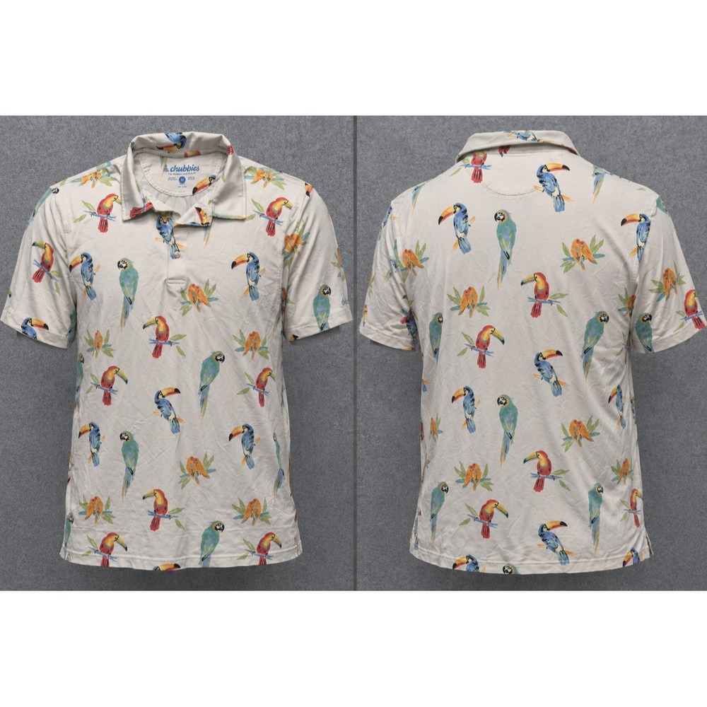 Chubbies Polo Shirt Mens M Toucan Tropical Bird Parrot AOP Golf Performance
